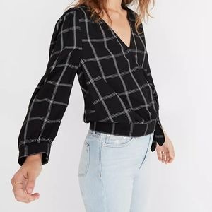 Madewell Wrap Top In Windowpane Crop Black L